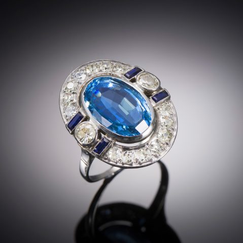 French Art Deco ring aquamarine Santa Maria (5.7 carats, laboratory certificate) old-cut diamonds and calibrated sapphires