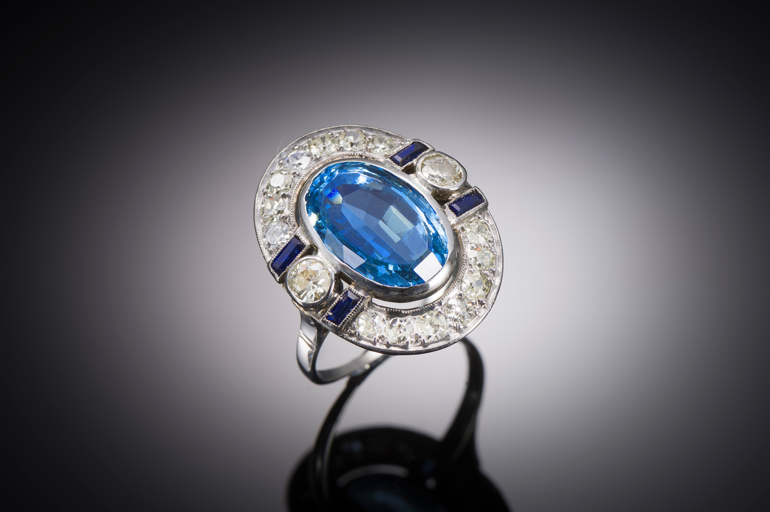 French Art Deco ring aquamarine Santa Maria (5.7 carats, laboratory certificate) old-cut diamonds and calibrated sapphires-1