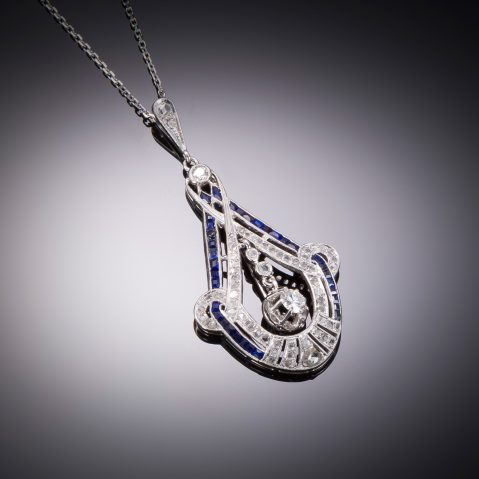 French Art Deco pendant diamond and sapphire