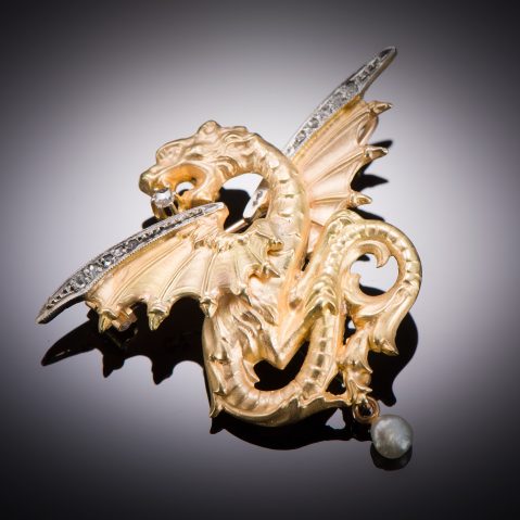 French chimera pendant / brooch diamonds and fine pearl