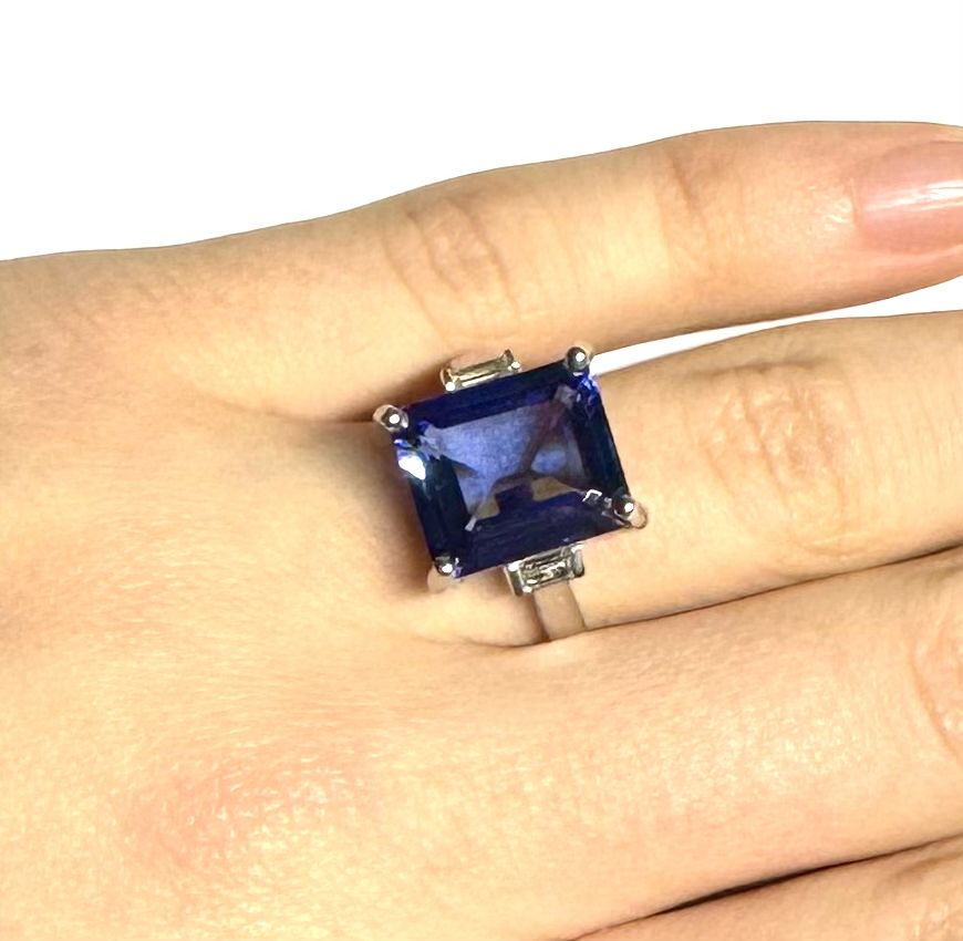 Bague tanzanite naturelle non chauffée 6,98 carats bleu profond (certificat LFG) diamants baguette-3